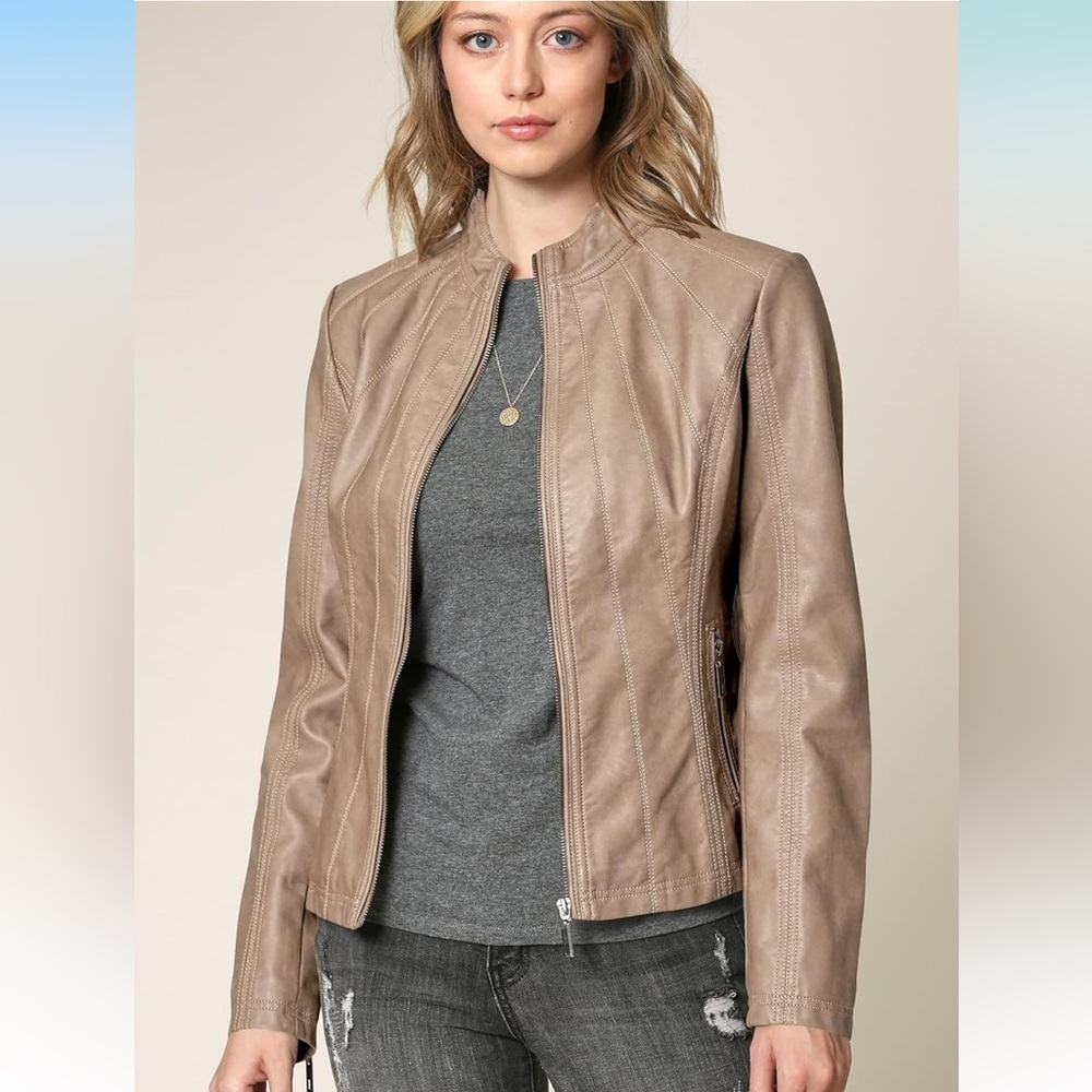 🏍️ Women's Moto Biker Tan Faux Leather Slimming Fit Jacket XL